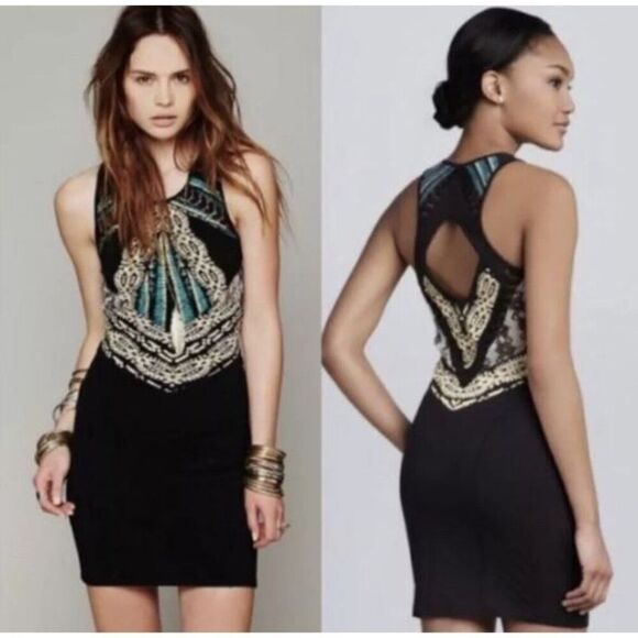 Free People Dresses & Skirts - Womens Free People Out Of Africa Black Bodycon Dress XS Tribal Mesh Cutout Batik